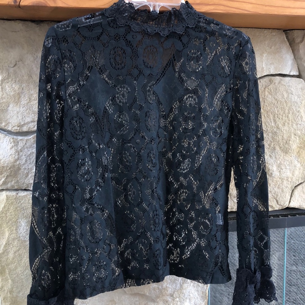 Lacey black mock neck long sleeved blouse, M